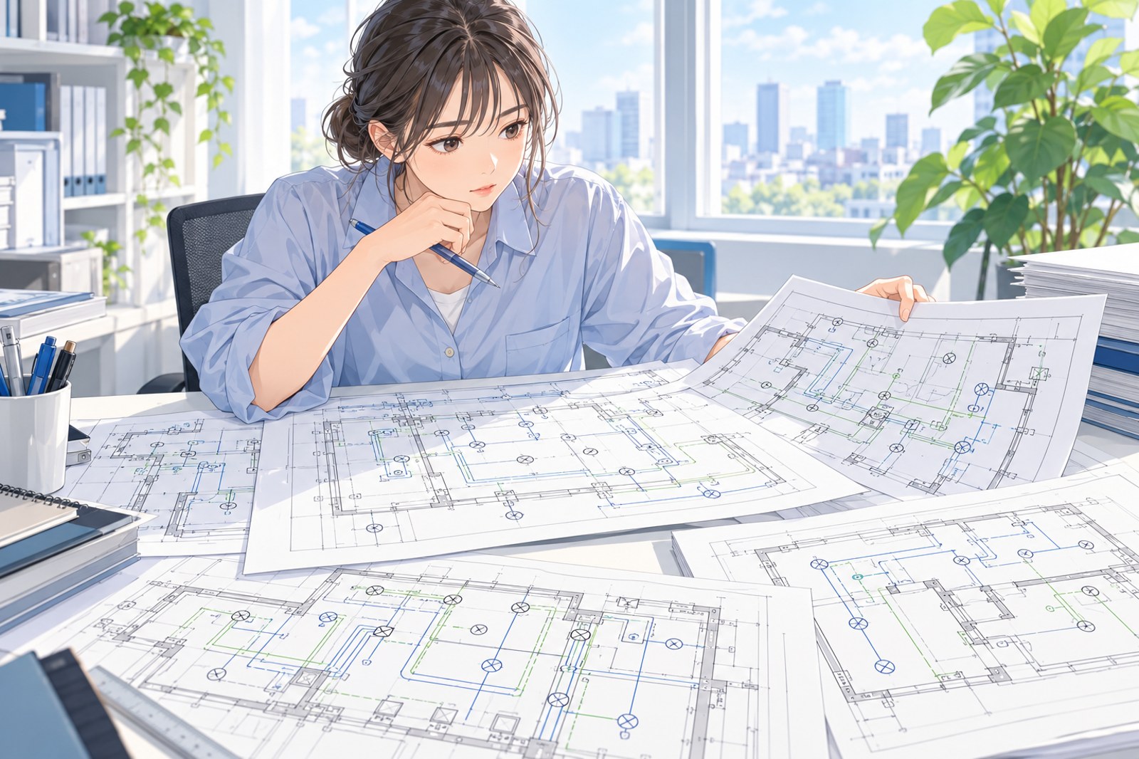 電気設備図の束を机に広げて、図面を見比べる人