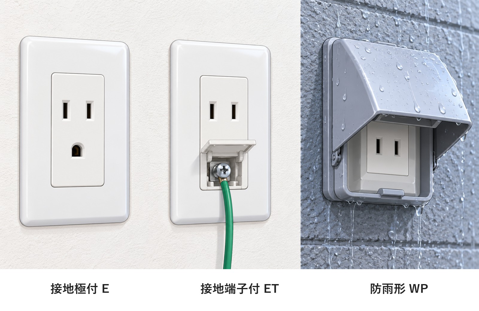 接地極付E・接地端子付ET・防雨形WPのコンセントの実物の例。接地極付は差し込み口の下にアースのピンの穴、接地端子付はアース線をつなぐ端子、防雨形はふたが付く