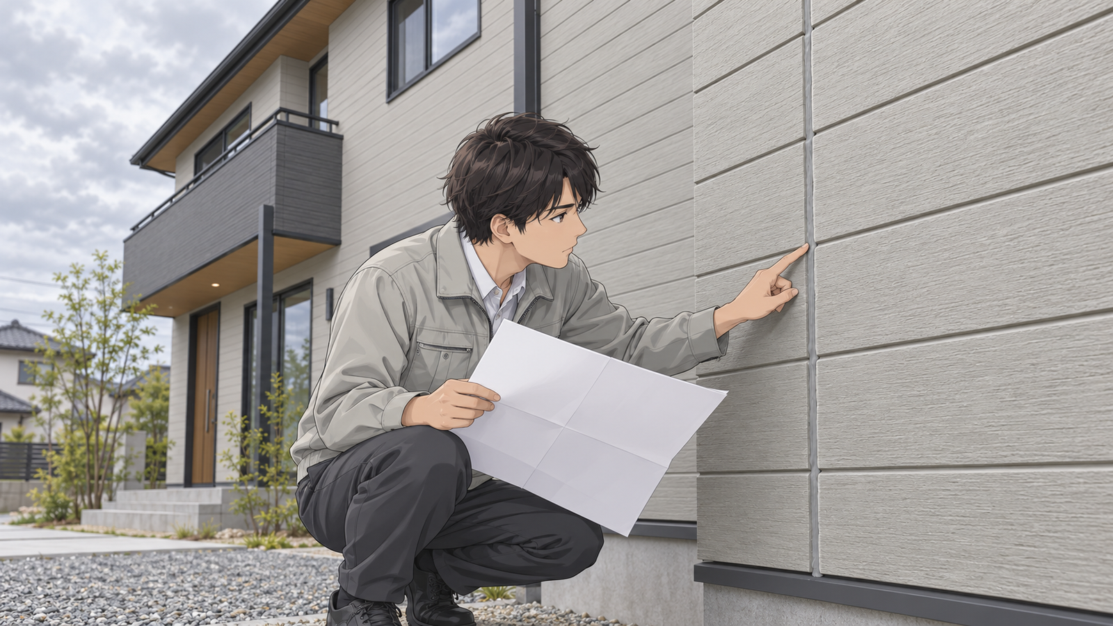 新築の住宅の外壁の前で、若い設計者がしゃがみ、サイディングの継ぎ目を指で示しながら図面と見比べている場面
