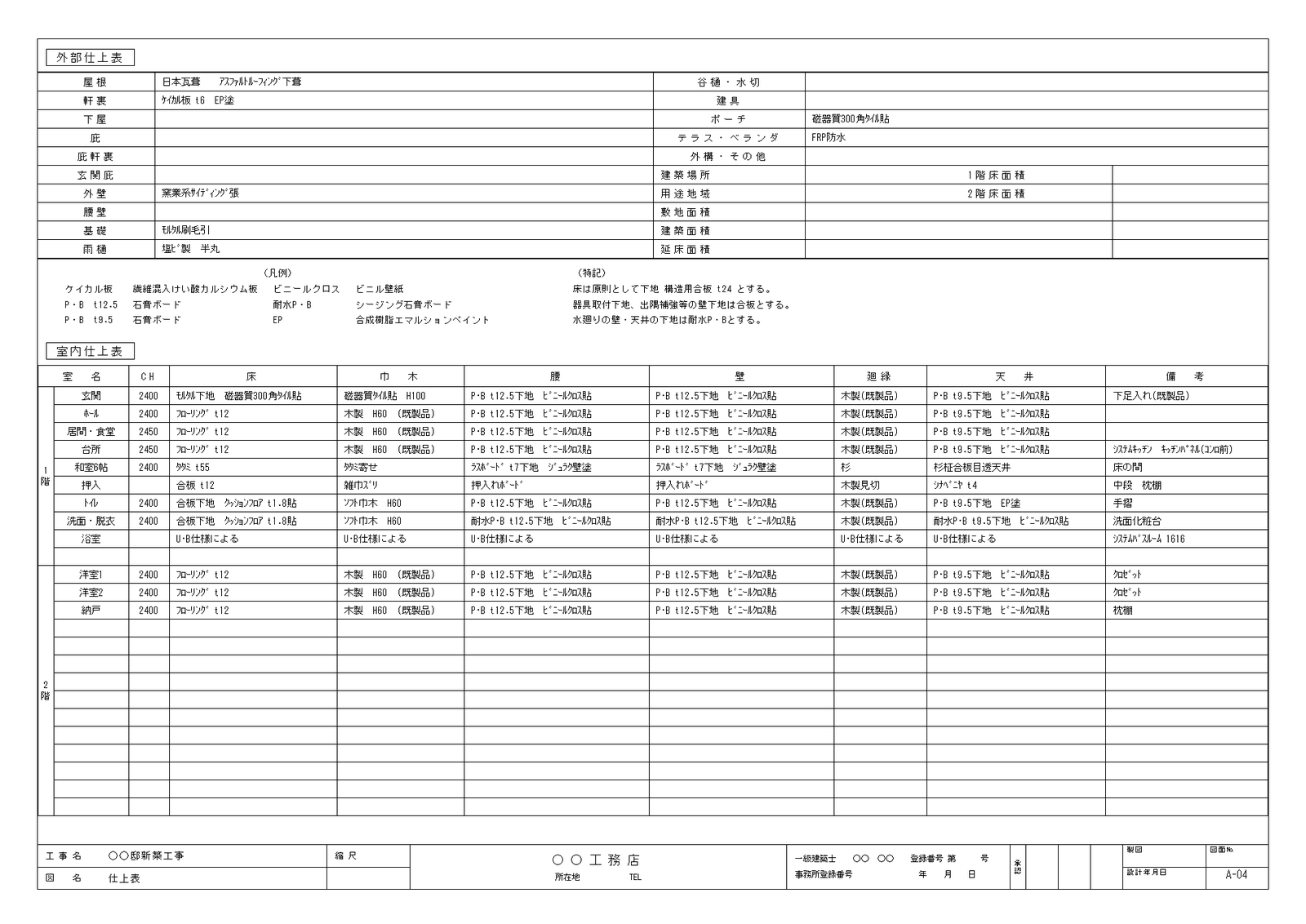 戸建て住宅の仕上表の見本。上から外部仕上表、凡例と特記、室内仕上表、表題欄が並ぶ