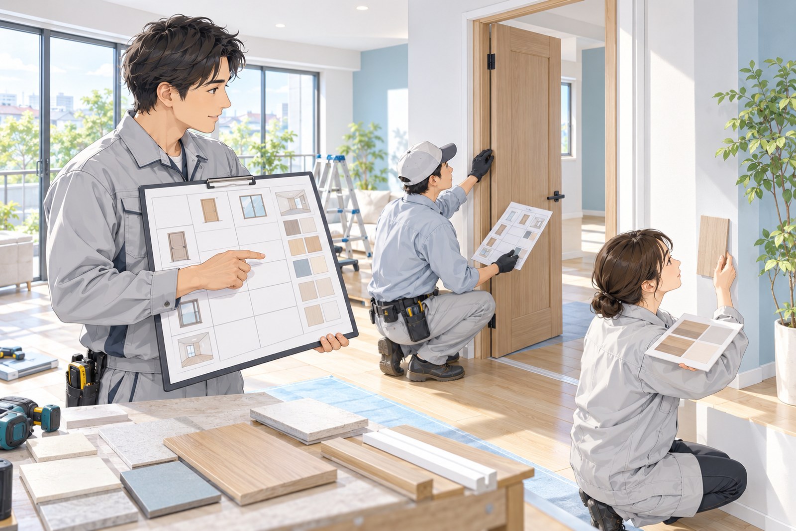住宅の内装工事の現場で、表を手に工事を進めている場面のイラスト