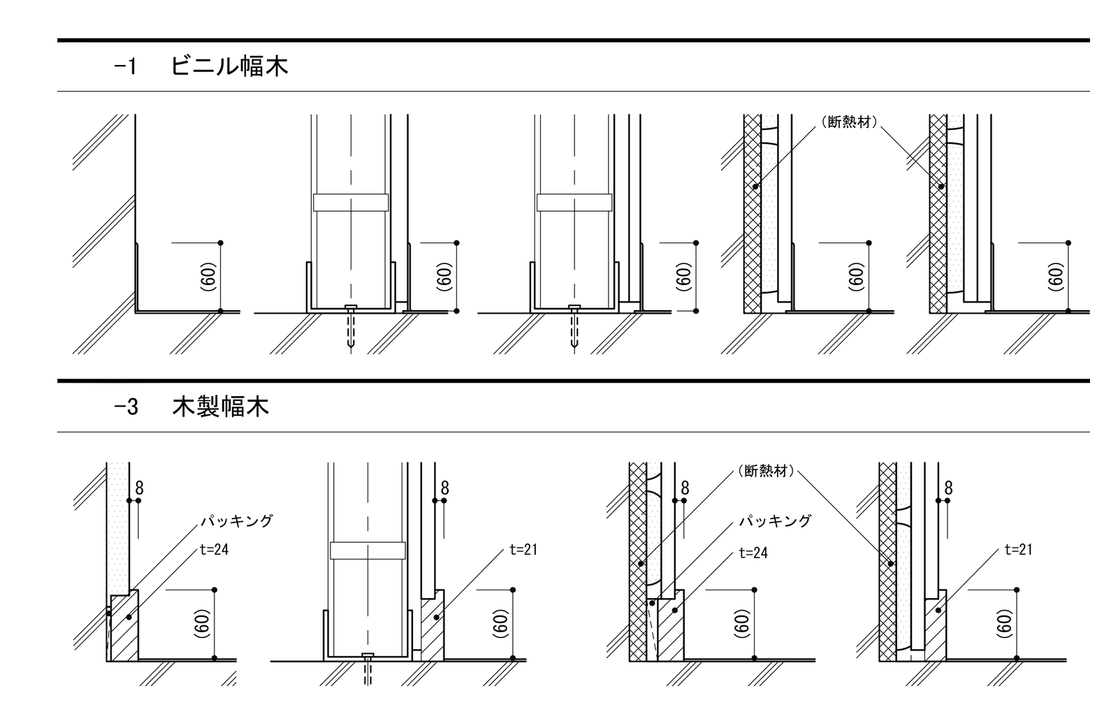 建築工事標準詳細図の「壁取合い:床-幅木-壁」のうち、ビニル幅木と木製幅木の図