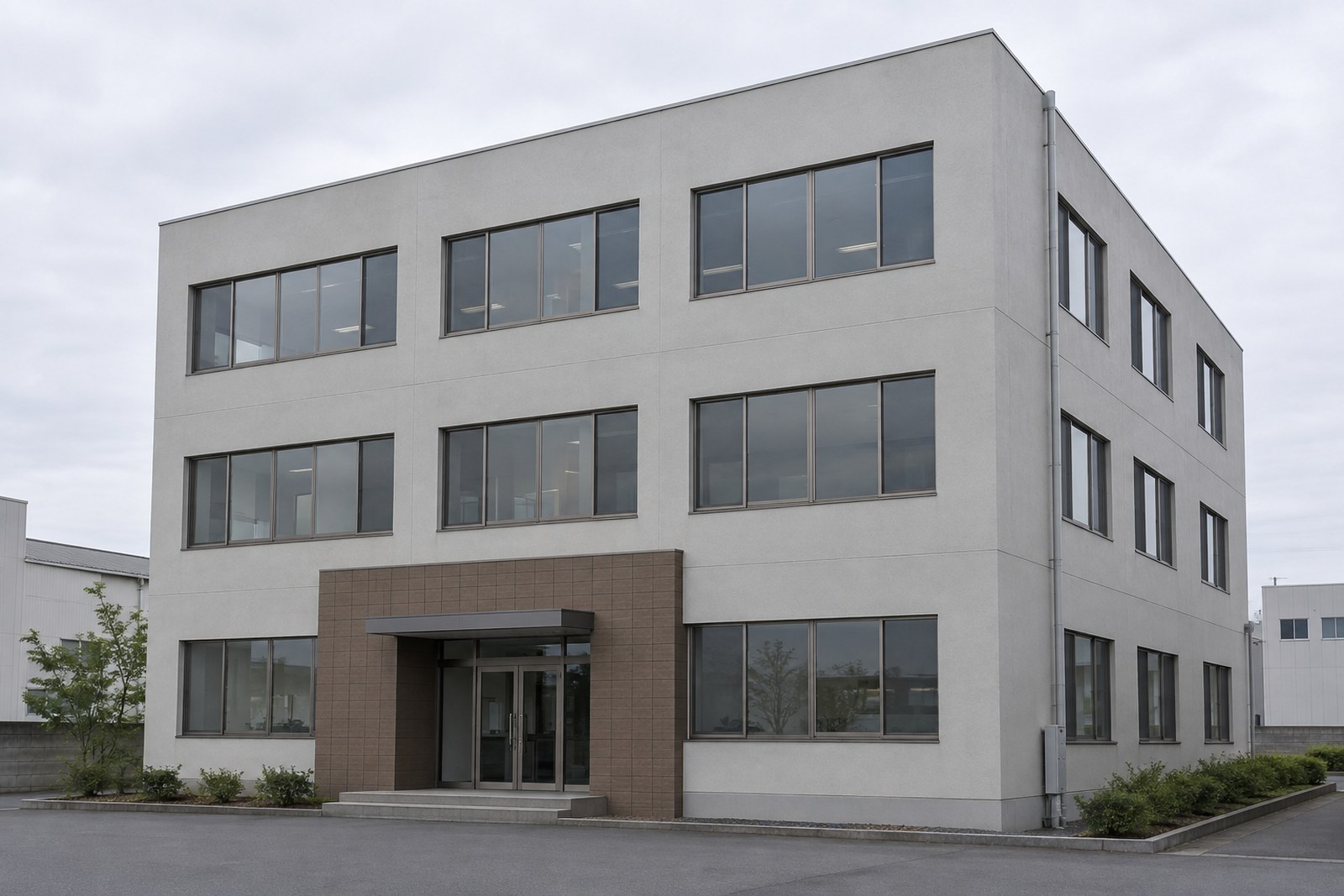 外壁の大部分がグレーの塗装で、1階の出入口のまわりだけ茶色のタイル張りになっている建物