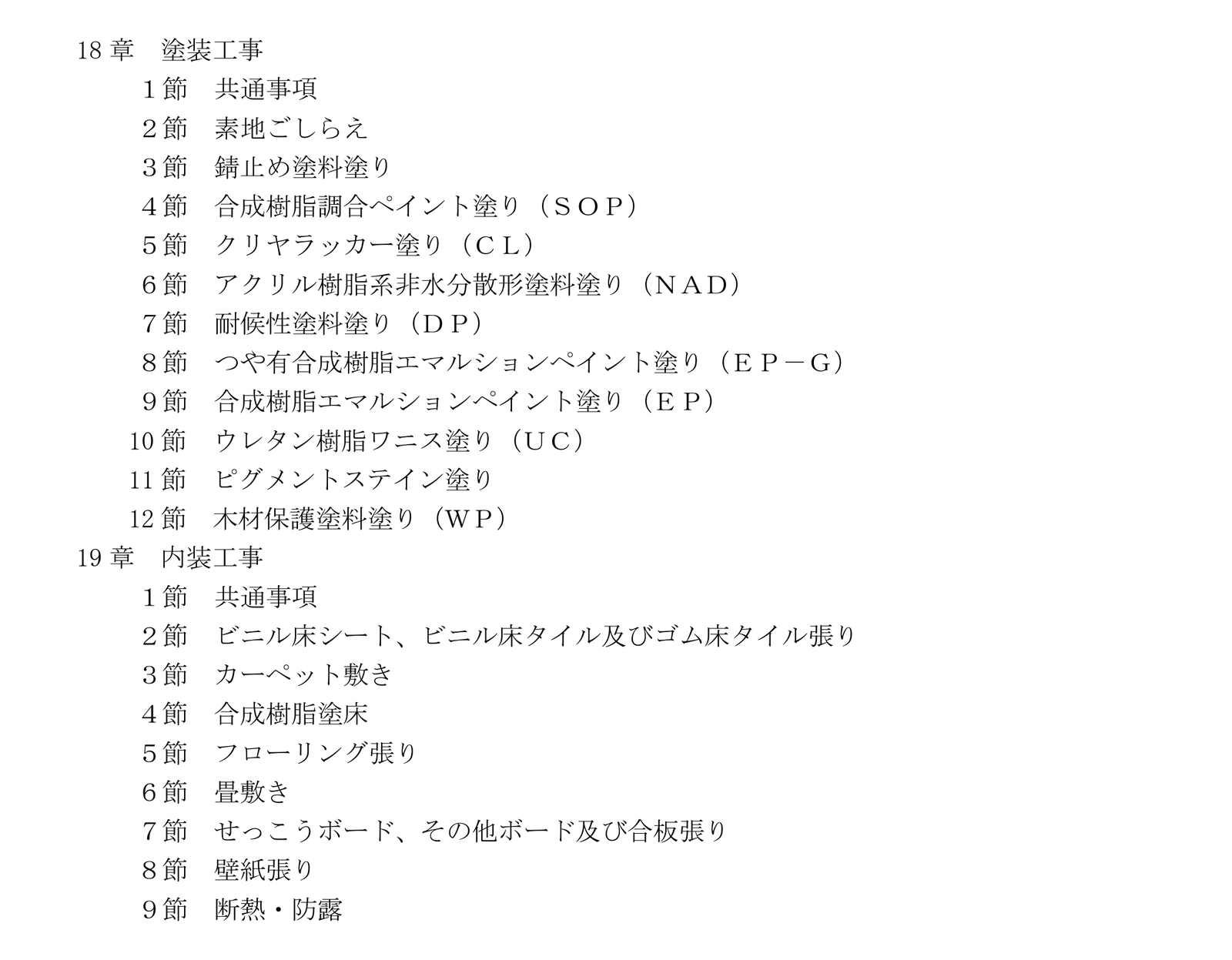 公共建築工事標準仕様書の目次のうち、18章 塗装工事と19章 内装工事の節の名前