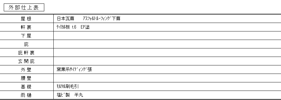 見本の外部仕上表の左半分。屋根の行に「日本瓦葺」