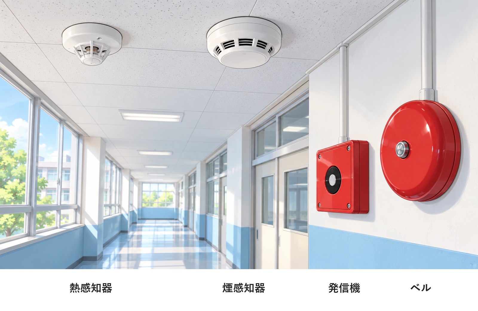学校の廊下の天井の熱感知器と煙感知器、壁の発信機とベルの実物の例