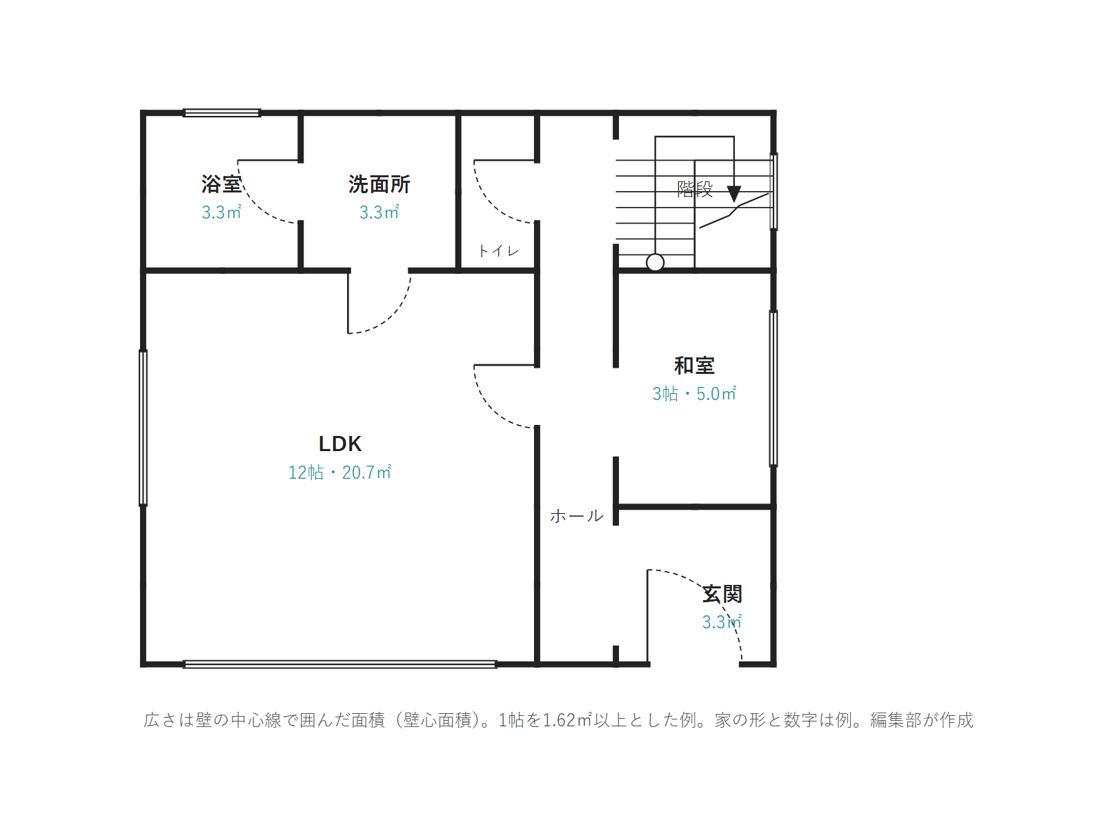 見本の家の1階平面図に、室名と、帖と㎡の広さを書いた図