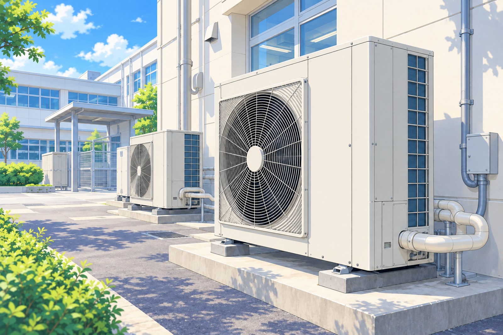 学校の建物の外に置かれた、業務用エアコンの室外機