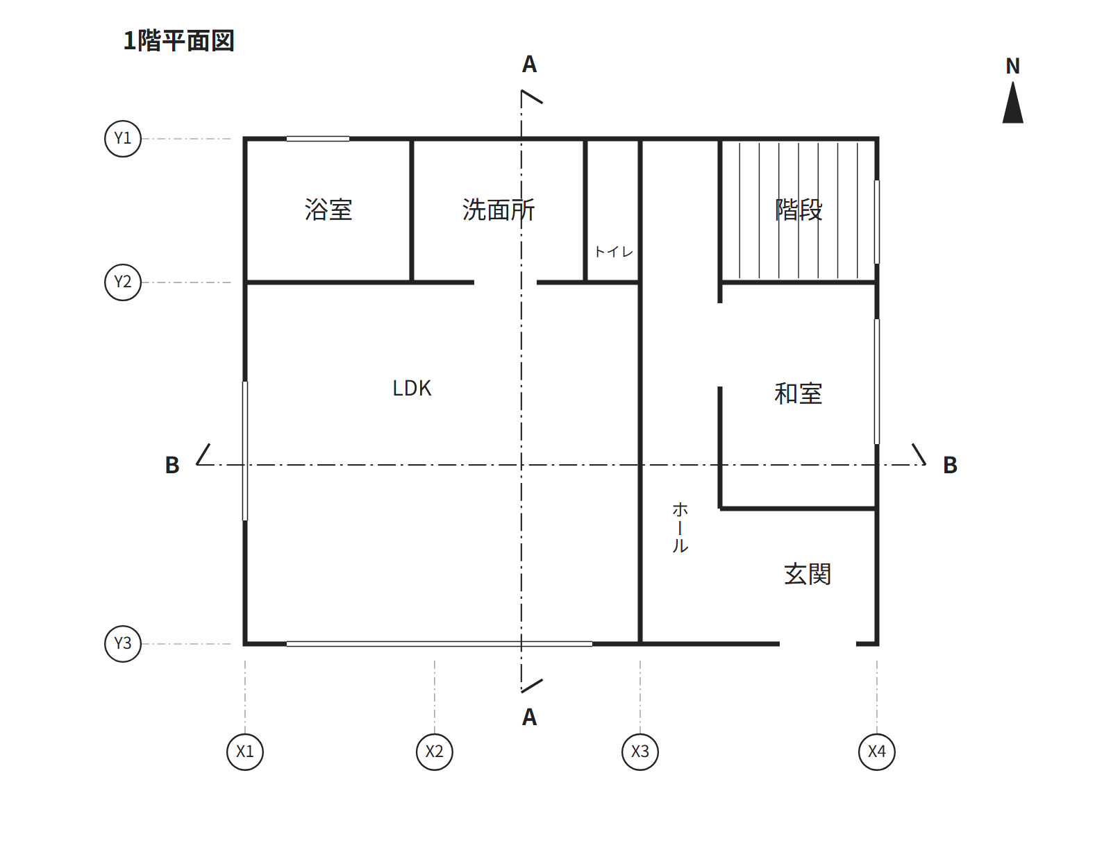 見本の住宅の1階平面図。A-AとB-Bの2本の切断線と、通り芯の記号