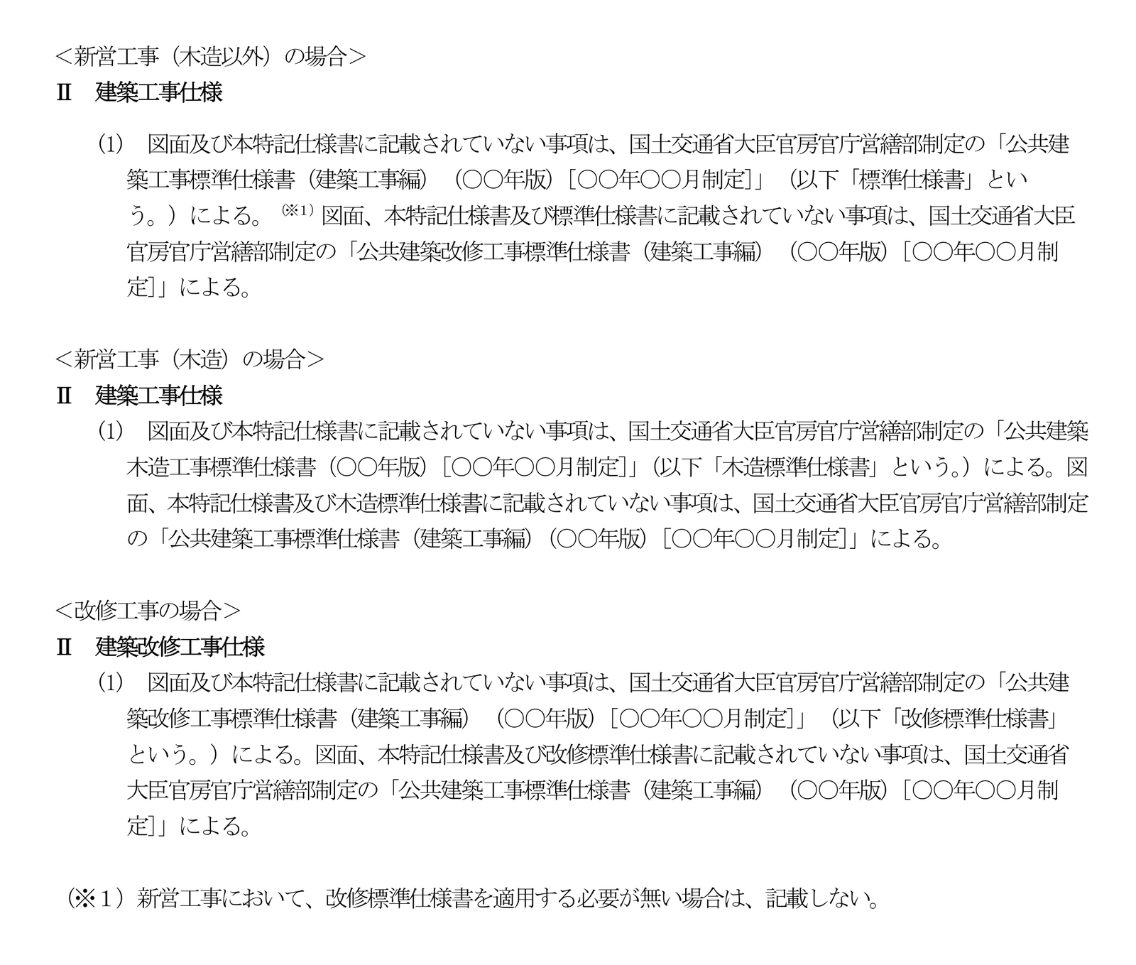 資料3 の建築工事仕様の記載例。新営工事（木造以外）・新営工事（木造）・改修工事の3つの書き方