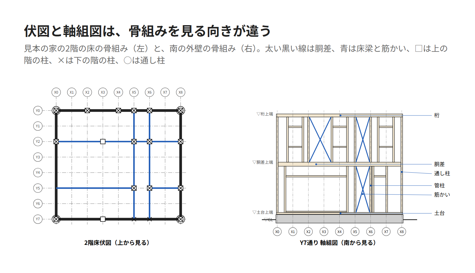 見本の家の2階床伏図と、南の外壁の軸組図を並べた図。伏図は骨組みを上から、軸組図は横から見ている