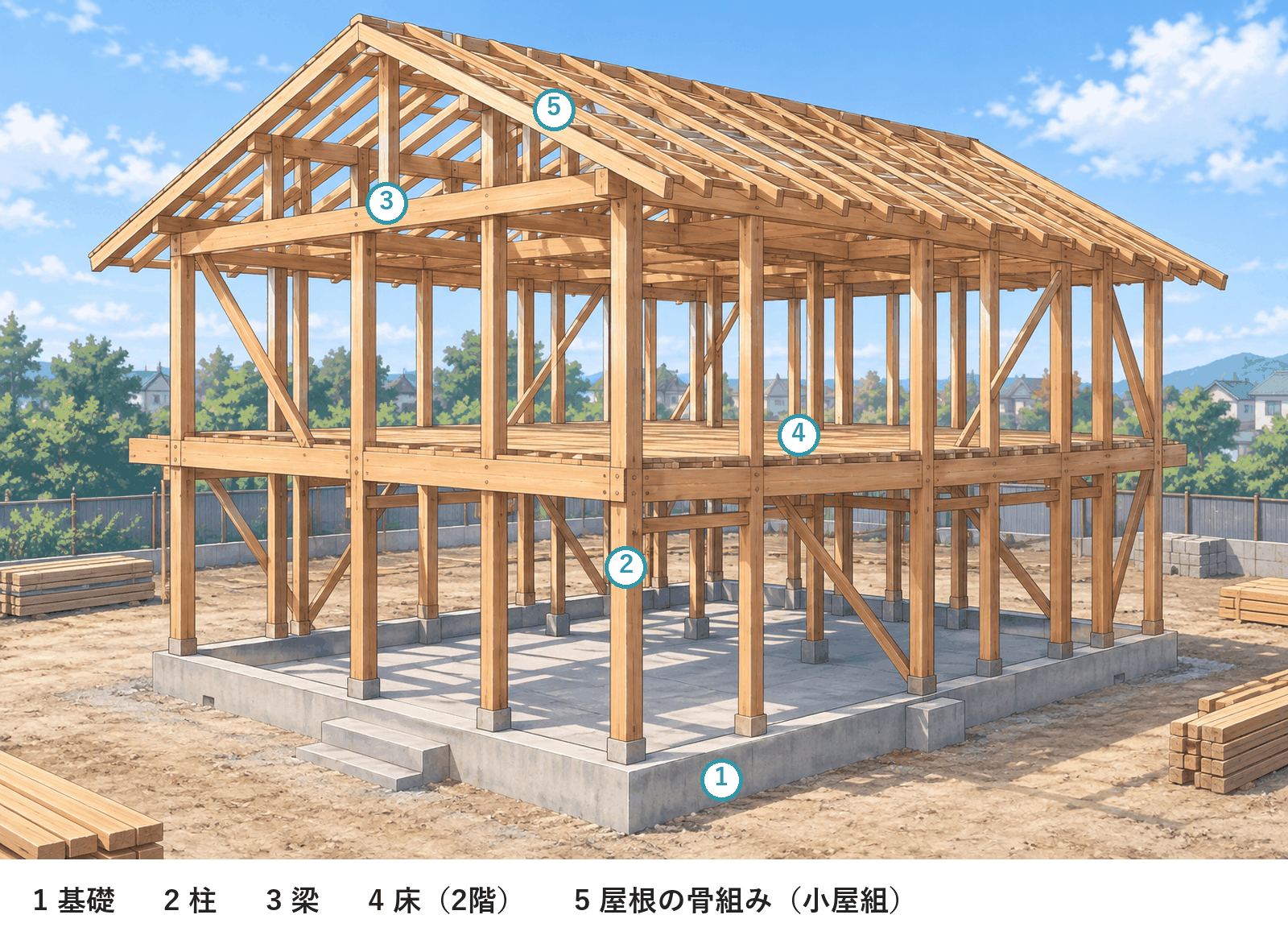 骨組みだけの2階建ての木造の家に、基礎・柱・梁・2階の床・屋根の骨組みの番号を付けた図