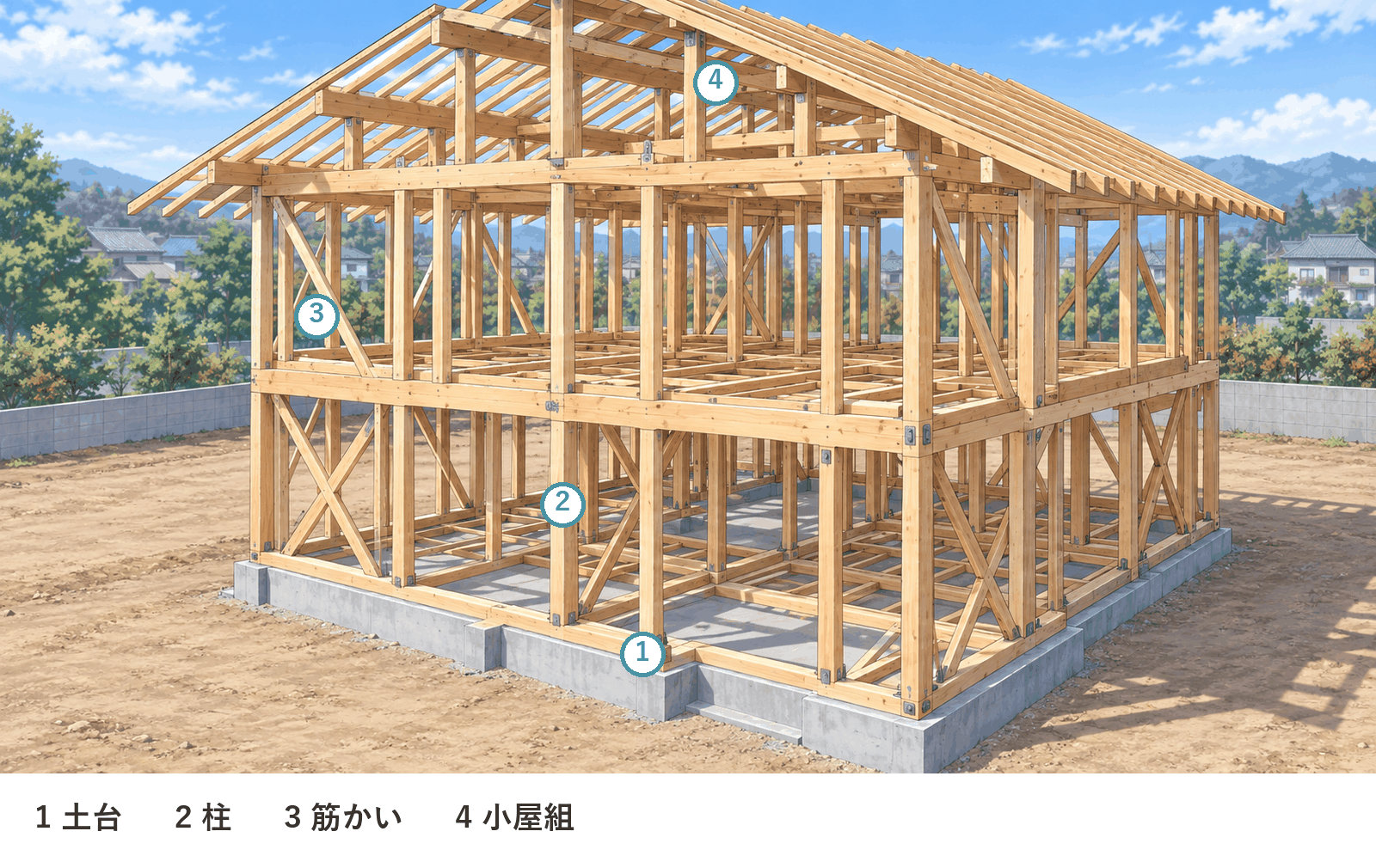 木造の骨組みに、土台・柱・筋かい・小屋組の番号を付けた図