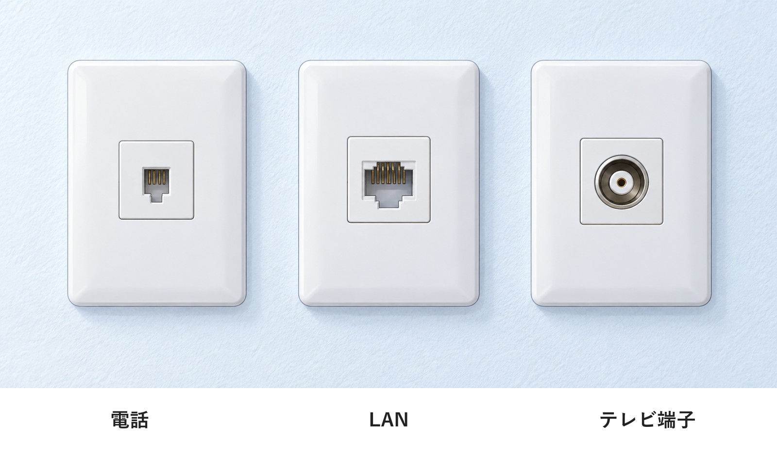 壁に付いた電話・LAN・テレビの差し込み口の実物の例